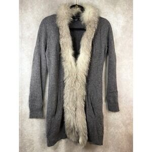 Sofia Cashmere Cardigan Women S Gray 100% Cashmere Real Fox Fur Trim Sweater